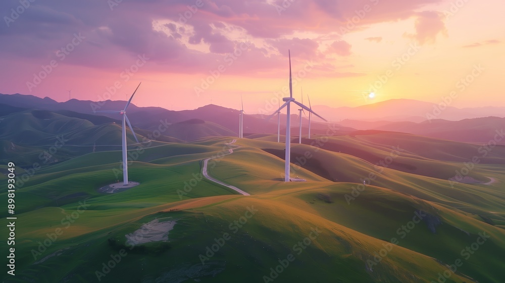 Wind turbines spread across rolling green hills under a beautiful sunset sky, illustrating renewable energy in a scenic landscape. Wind turbines spread across rolling green hills under a beautiful sunset sky, illustrating renewable energy in a scenic landscape.