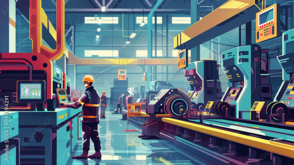 Obraz premium Workers in a high-tech manufacturing plant operating automated machinery