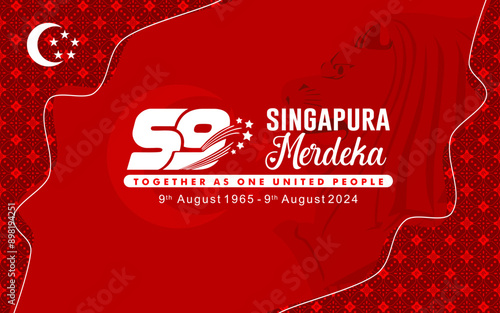 Exclusive Template of 59th Singapore National Day with Logo, Quotes and Batik Pattern. Independent Singapore 9 August 2024 translation Singapore Independence Day 9th August 2024.