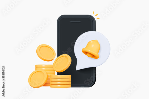 3D Received notification of money deposited into phone account. Mobile phone with stack of coins and bell. New transaction. Payment concept. Cartoon creative design icon. 3D Vector illustration