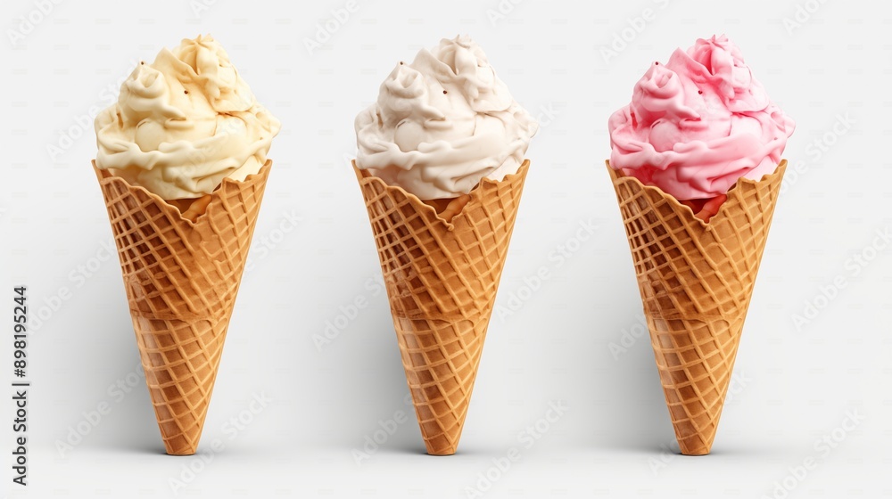 Ice cream scoop on waffle cone on transparent background cutout, PNG file. Many assorted different flavour Mockup template for artwork design. Ice cream scoop on waffle cone on transparent background cutout, PNG file. Many assorted different flavour Mockup template for artwork design.
