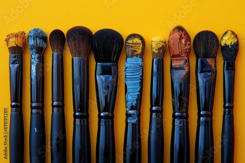 A Row of Paintbrushes with Dried Paint on Yellow Background photo