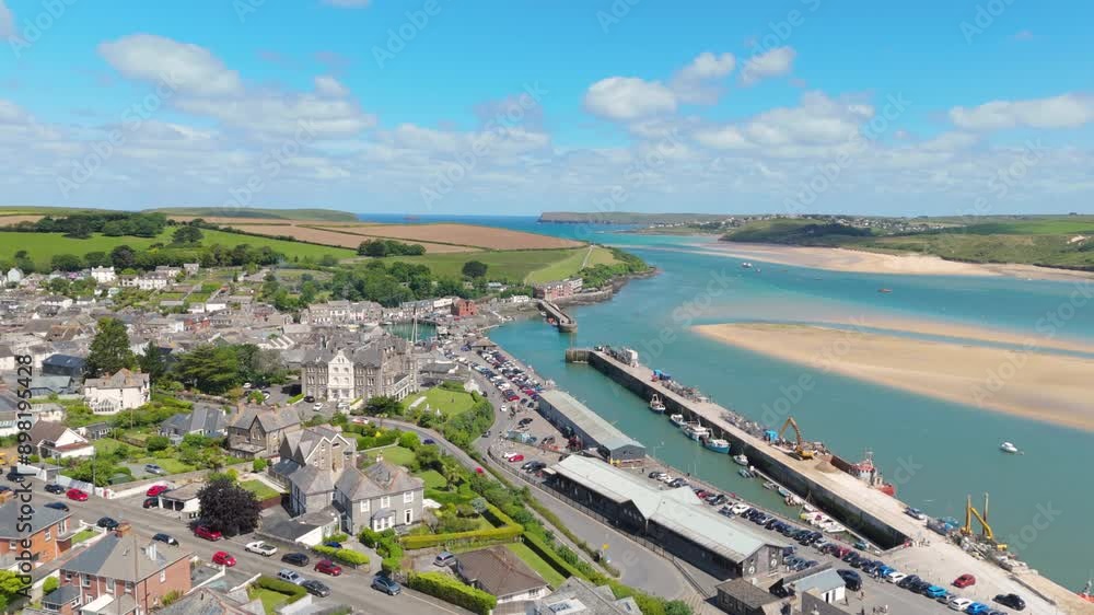 Drone view over Padstow harbour on Camel Estuary at low tide Drone view over Padstow harbour on Camel Estuary at low tide