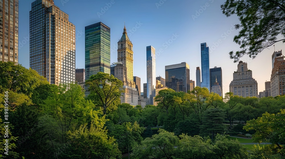 Sunset Aerial View Over Central Park with Skyscrapers Sunset Aerial View Over Central Park with Skyscrapers