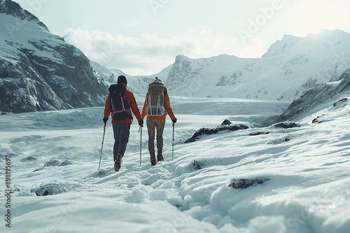 Couple traversing a frozen glacier photo