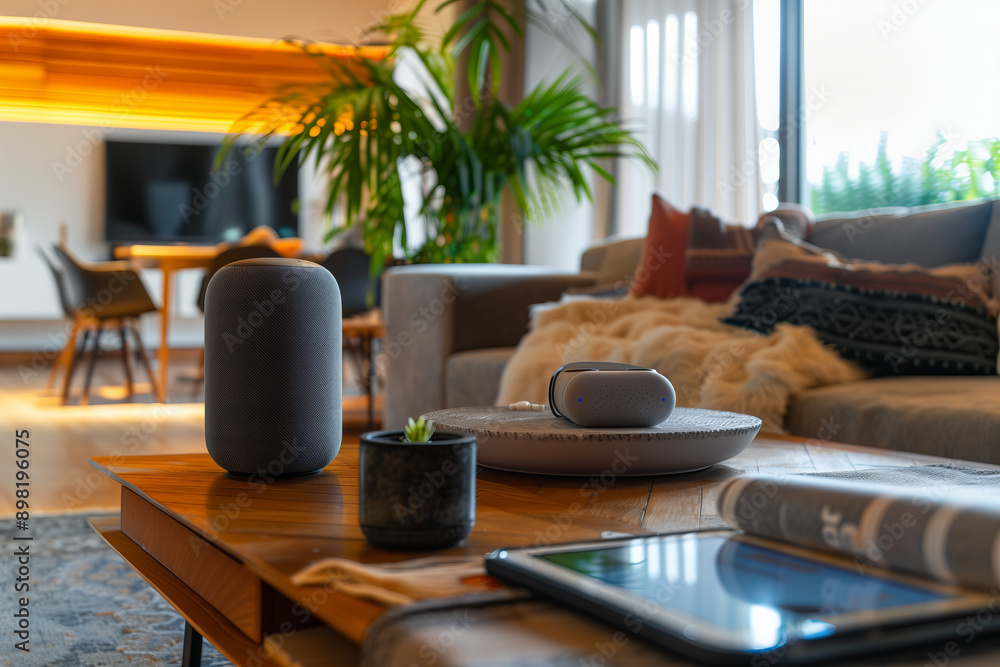 A cozy modern living room featuring smart speakers on a coffee table, stylish furniture, green plants, and natural daylight, portraying technological and contemporary living. A cozy modern living room featuring smart speakers on a coffee table, stylish furniture, green plants, and natural daylight, portraying technological and contemporary living.