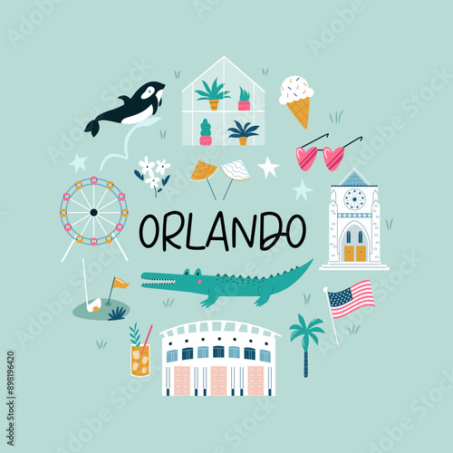 Colorful composition, circle design with famous symbols, buildings of Orlando city, Florida state, USA. Vector illustration for wall art, prints, posters, travel magazines.