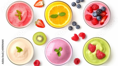 Fototapeta Naklejka Na Ścianę i Meble -  A row of colorful smoothies with fruit and mint. The smoothies are arranged in a row and are of different colors