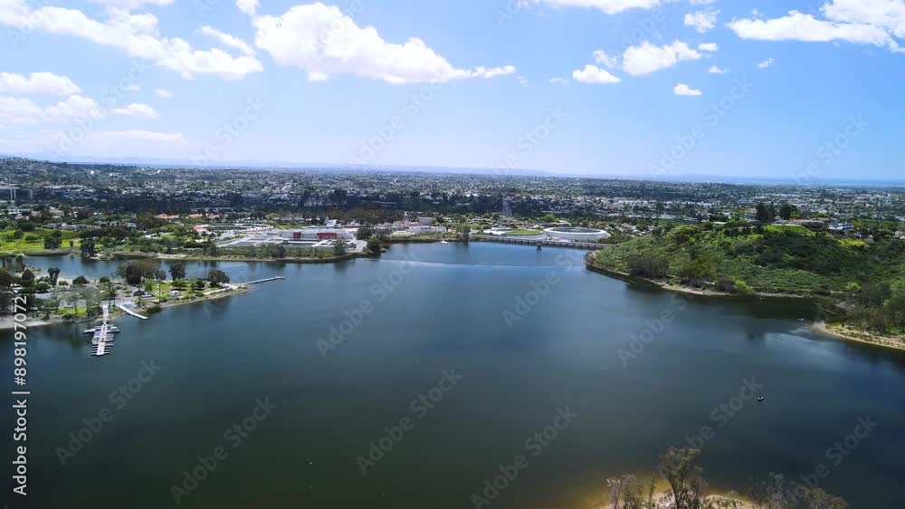 Aerial drone view of Lake Murray Reservoir CA on a sunny cloudy day Aerial drone view of Lake Murray Reservoir CA on a sunny cloudy day