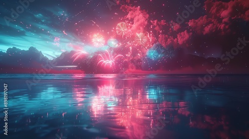 Fireworks Reflecting in Calm Water at Night. © DudeDesignStudio