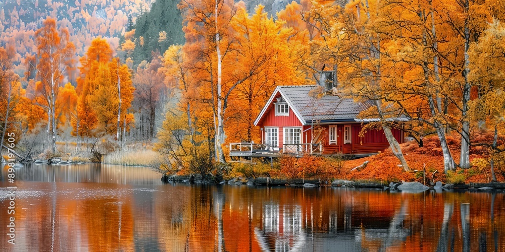Serene Autumn Landscape with Vibrant Trees and River Serene Autumn Landscape with Vibrant Trees and River