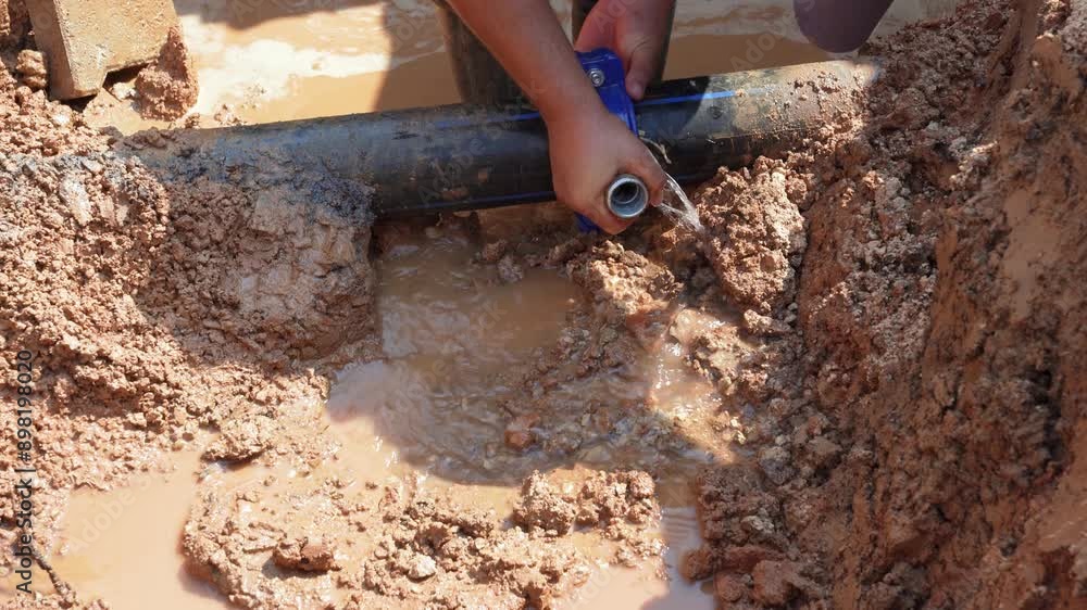 Clean water main pipe on the street, additional fitting is broken or burst and leaking water. It is being repaired by a professional team. Clean water main pipe on the street, additional fitting is broken or burst and leaking water. It is being repaired by a professional team.