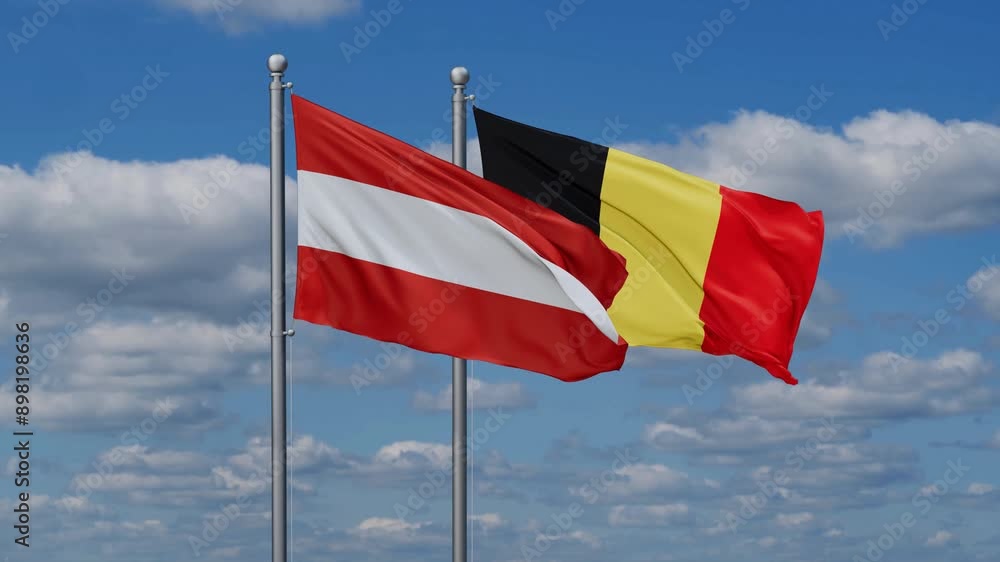 Belgium and Austria flags flying together, video concept of the relationship, two country relations concept Belgium and Austria flags flying together, video concept of the relationship, two country relations concept