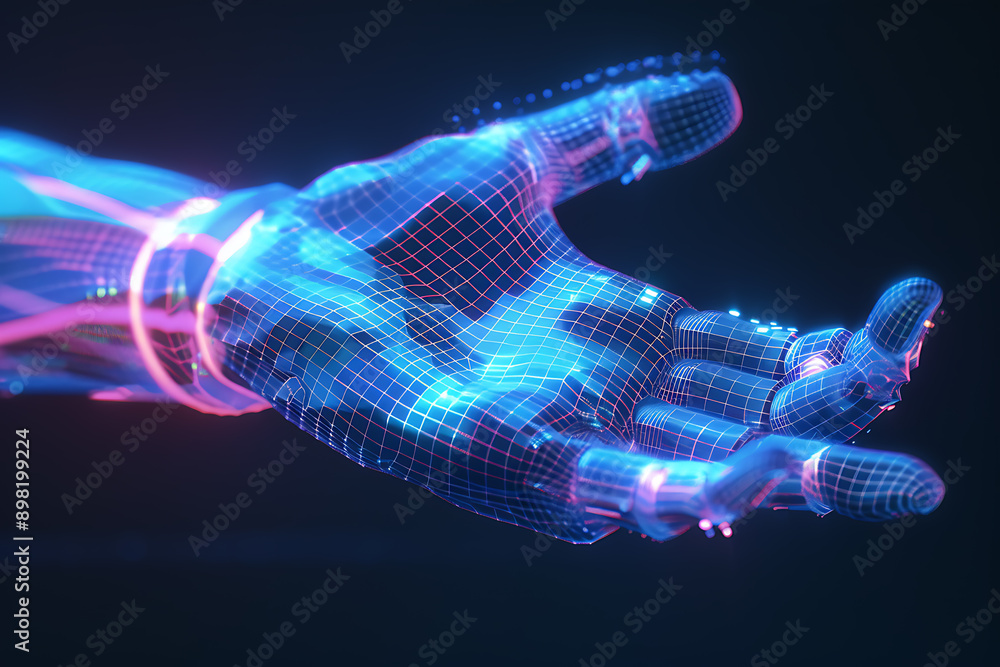 Wireframe rendering of a robotic hand on a glowing translucent background, highlighting advanced robotic technology and precision engineering. The scene emphasizes the futuristic design and innovation