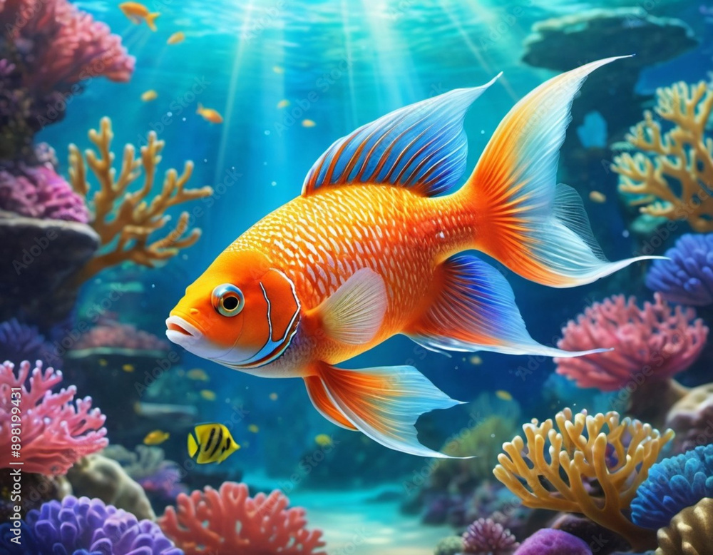Vibrant orange white yellow blue red reef fish swim through coral reef. Sun rays pierce sea water. Variety of animal. Ecology hydrosphere. Anthropogenic factor influencing death of coral reefs. AI Vibrant orange white yellow blue red reef fish swim through coral reef. Sun rays pierce sea water. Variety of animal. Ecology hydrosphere. Anthropogenic factor influencing death of coral reefs. AI