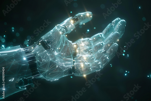 Wireframe rendering of a robotic hand on a glowing translucent background, highlighting advanced robotic technology and precision engineering. The scene emphasizes the futuristic design and innovation