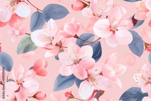 Spring blossoms and blooming flowers in a seamless floral pattern rendered in watercolor style