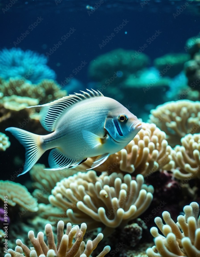 Vibrant orange white yellow blue red reef fish swim through coral reef. Sun rays pierce sea water. Variety of animal. Ecology hydrosphere. Anthropogenic factor influencing death of coral reefs. AI Vibrant orange white yellow blue red reef fish swim through coral reef. Sun rays pierce sea water. Variety of animal. Ecology hydrosphere. Anthropogenic factor influencing death of coral reefs. AI