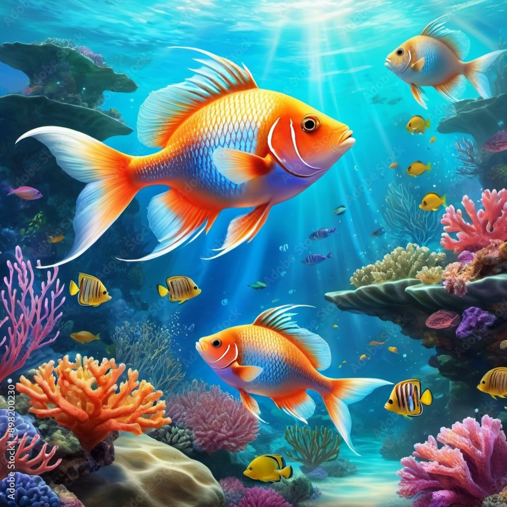 Fototapeta premium Vibrant orange white yellow blue red reef fish swim through coral reef. Sun rays pierce sea water. Variety of animal. Ecology hydrosphere. Anthropogenic factor influencing death of coral reefs. AI