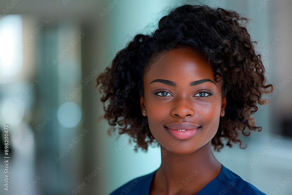 Close Up Portrait of a Young Black Woman With Curly Hair, Smiling in an Office Setting Close Up Portrait of a Young Black Woman With Curly Hair, Smiling in an Office Setting