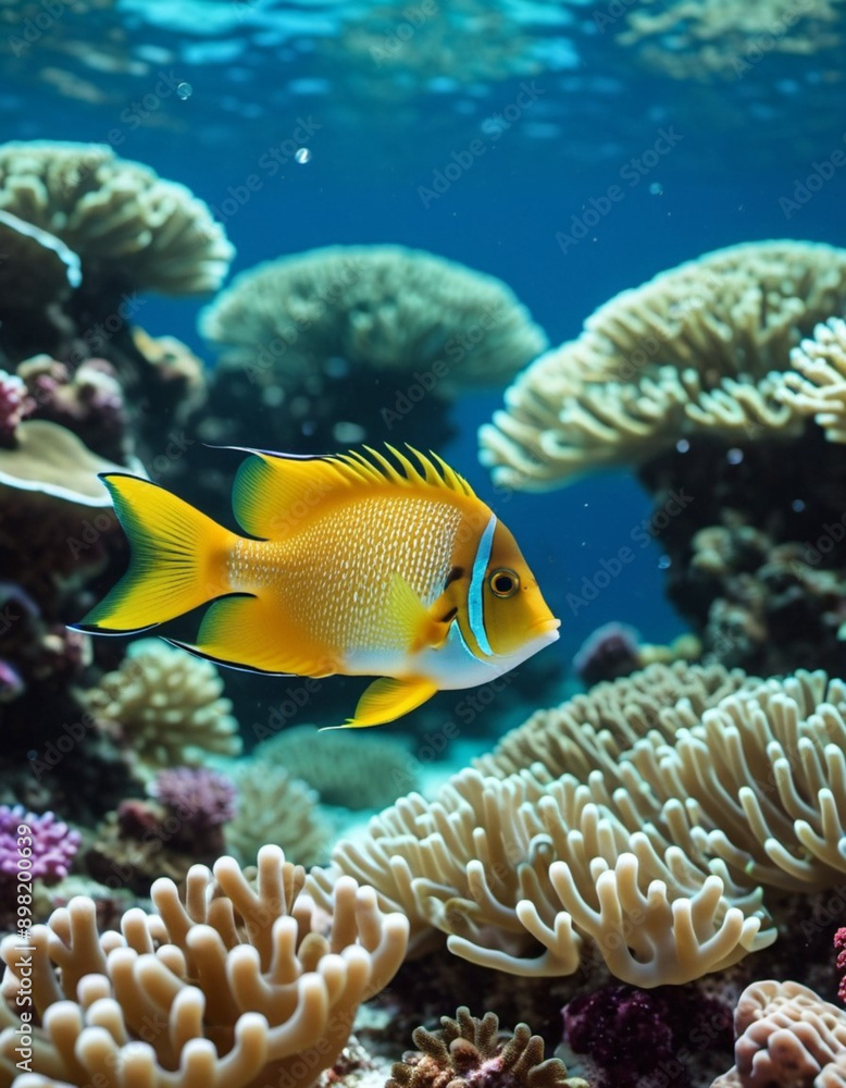 Vibrant orange white yellow blue red reef fish swim through coral reef. Sun rays pierce sea water. Variety of animal. Ecology hydrosphere. Anthropogenic factor influencing death of coral reefs. AI Vibrant orange white yellow blue red reef fish swim through coral reef. Sun rays pierce sea water. Variety of animal. Ecology hydrosphere. Anthropogenic factor influencing death of coral reefs. AI