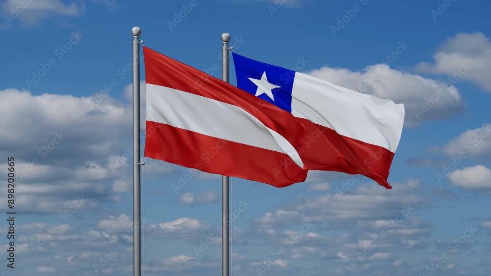 Chile and Austria flags flying together, video concept of the relationship, two country relations concept Chile and Austria flags flying together, video concept of the relationship, two country relations concept