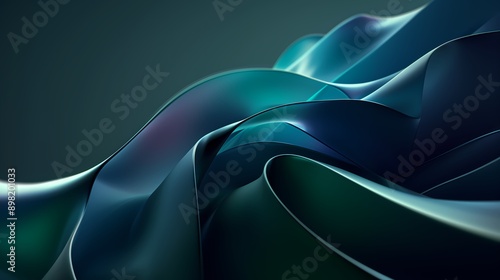 Abstract teal blue and green background with curved glass shapes. Minimalist wallpaper design for digital art or graphic design, banner template	