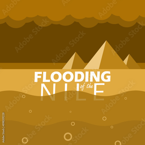 Flooding of the Nile event banners. Illustration of flooding on the Nile River with several pyramid in the background to commemorate on August 15th