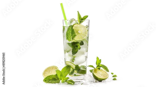 A tall glass of mojito with fresh mint leaves, lime wedges, and a straw, with condensation droplets on the glass, isolated on a white background.