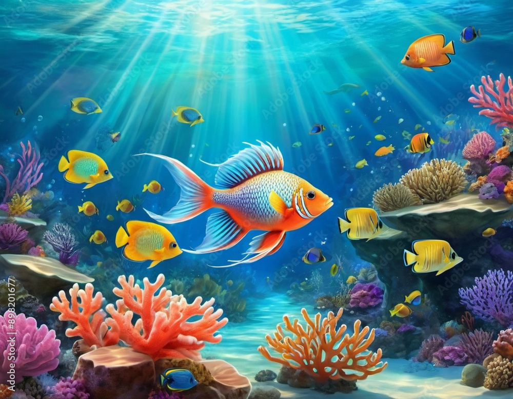 Vibrant orange white yellow blue red reef fish swim through coral reef. Sun rays pierce sea water. Variety of animal. Ecology hydrosphere. Anthropogenic factor influencing death of coral reefs. AI Vibrant orange white yellow blue red reef fish swim through coral reef. Sun rays pierce sea water. Variety of animal. Ecology hydrosphere. Anthropogenic factor influencing death of coral reefs. AI
