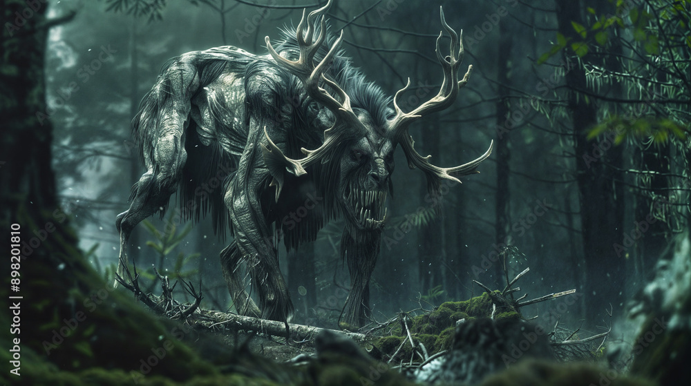 Terrifying Wendigo Creature in a Dark Forest Setting Terrifying Wendigo Creature in a Dark Forest Setting