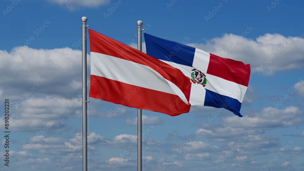 Dominican Republic and Austria flags flying together, video concept of the relationship, two country relations concept Dominican Republic and Austria flags flying together, video concept of the relationship, two country relations concept