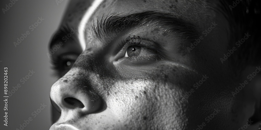 A grayscale portrait of a person's facial features A grayscale portrait of a person's facial features