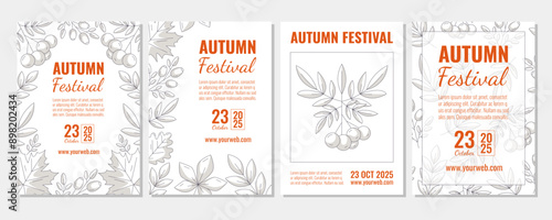 Set of autumn vertical a4 posters, abstract fall leaves frame or pattern. Monochrome gray vector illustration for social media, postcard, invitation, banner, festival, flyer, party or advertising.
