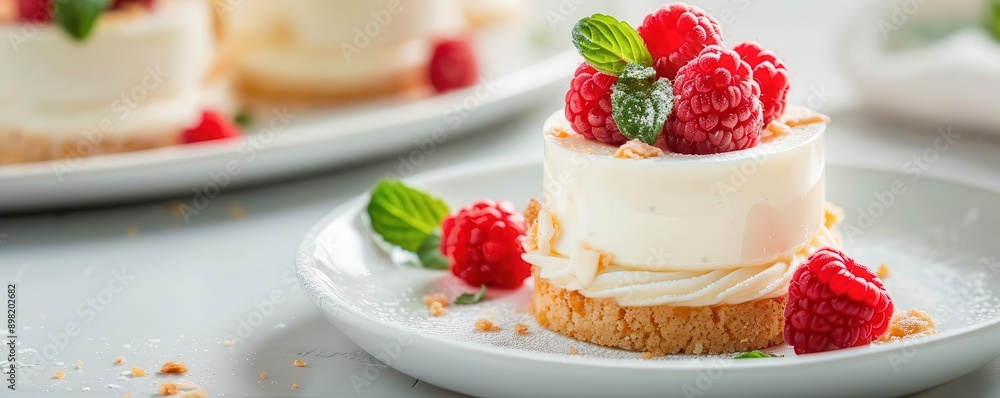 Closeup of a white cake with fresh raspberries and mint on a white plate Closeup of a white cake with fresh raspberries and mint on a white plate