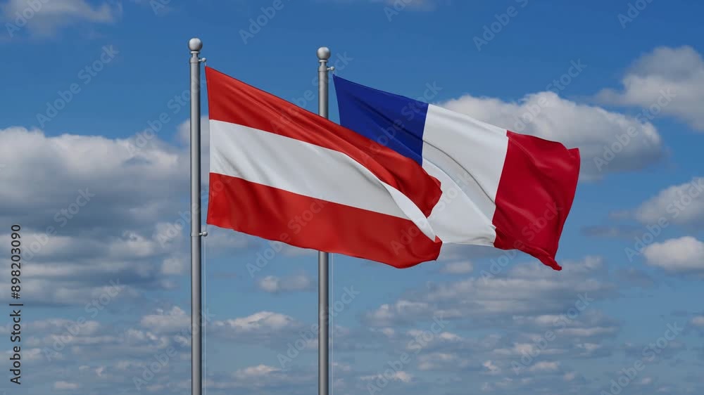 France and Austria flags waving together, looped video, two country relations concept France and Austria flags waving together, looped video, two country relations concept