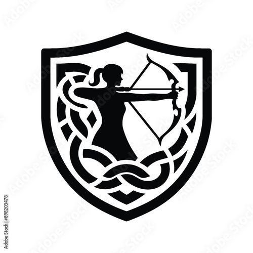 Archery female player in celtic knot pattern illustration, emblem shield badge