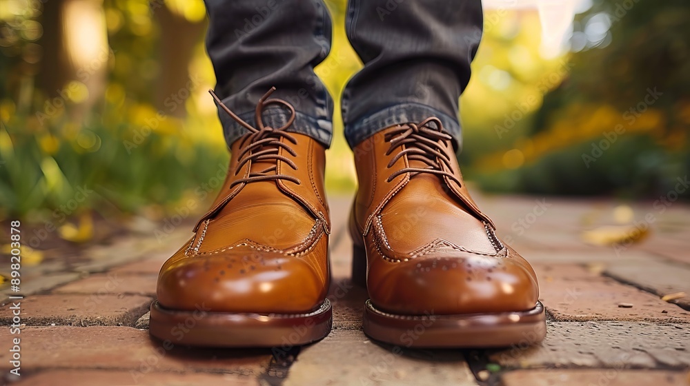 Brown Leather Shoes On Brick Path Brown Leather Shoes On Brick Path