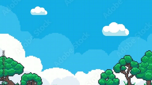 Pixel cloud background of retro video game background. 8 bit pixel game nature landscape scene with tree and moving clouds and blue sky. Pixelated template for computer game or application.
