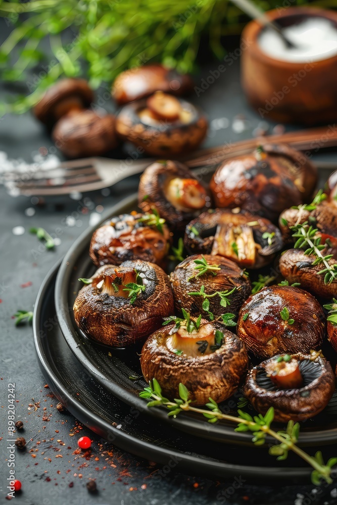 grilled champignons on a plate. Selective focus. grilled champignons on a plate. Selective focus.
