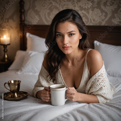 Sensual beautiful woman with a mug on the bed