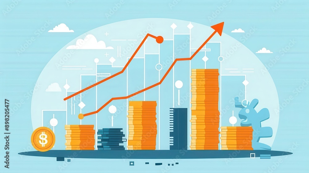 Fototapeta premium Financial growth concept with charts and graphs, arrows pointing up, stacks of coins and money, dynamic upward trend