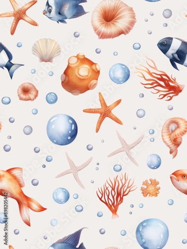 An underwater world featuring sea creatures in a seamless aquatic pattern rendered in watercolor style