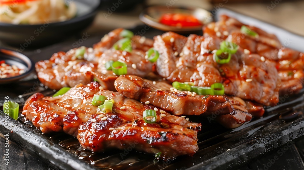 Closeup of Grilled Pork Belly with Sesame Seeds and Green Onions Closeup of Grilled Pork Belly with Sesame Seeds and Green Onions