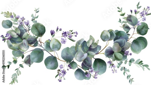 Purple flowers and branches together with green eucalyptus leaves make up this watercolor vector wreath. © Hamid