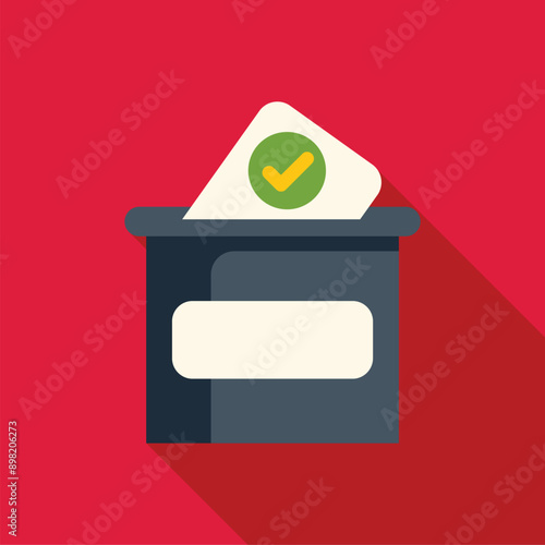 Ballot paper with green check mark entering ballot box, casting vote in elections