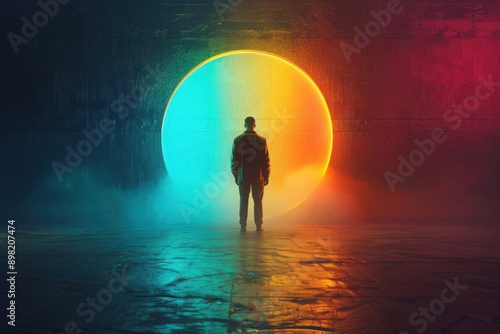 Businessperson stepping through portal from grayscale to colorful world, embracing change, with copy space