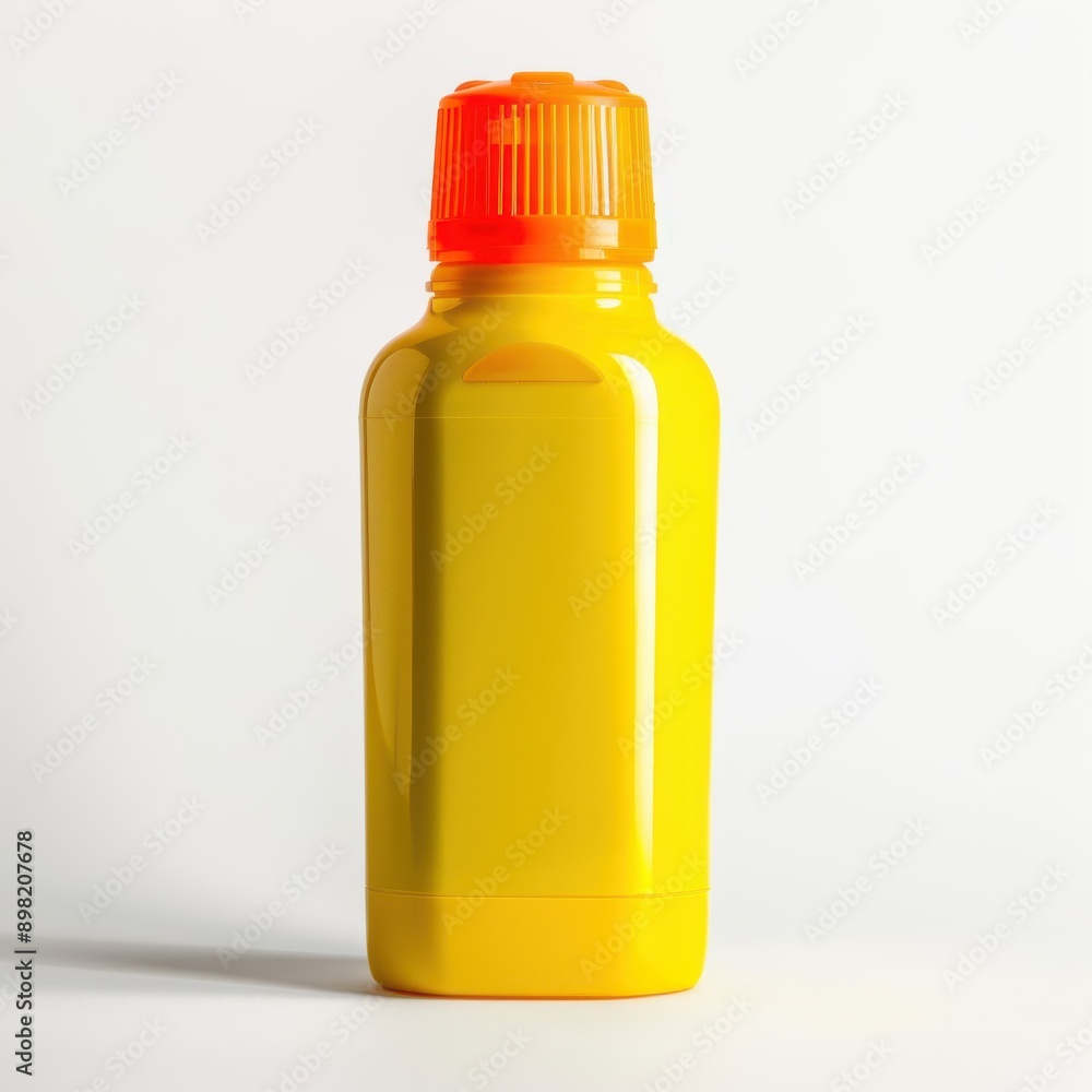 Bright yellow sunblock bottle with an orange cap isolated on a white background Bright yellow sunblock bottle with an orange cap isolated on a white background