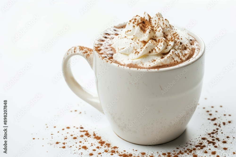 Mug of hot chocolate with whipped cream and cocoa powder on a white background Mug of hot chocolate with whipped cream and cocoa powder on a white background