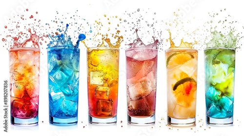 A series of tall glasses with layered cocktails (tequila sunrise, blue Hawaiian, rainbow cocktail), each glass featuring colorful splashes against the white background. photo